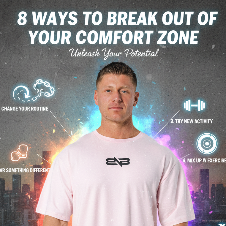 Man standing with Booty N Buff Shirt - Title above says 8 ways to break out of your comfort zone. Jonathon Dixon Booty N Buff Explaining how to step out of your comfort zone