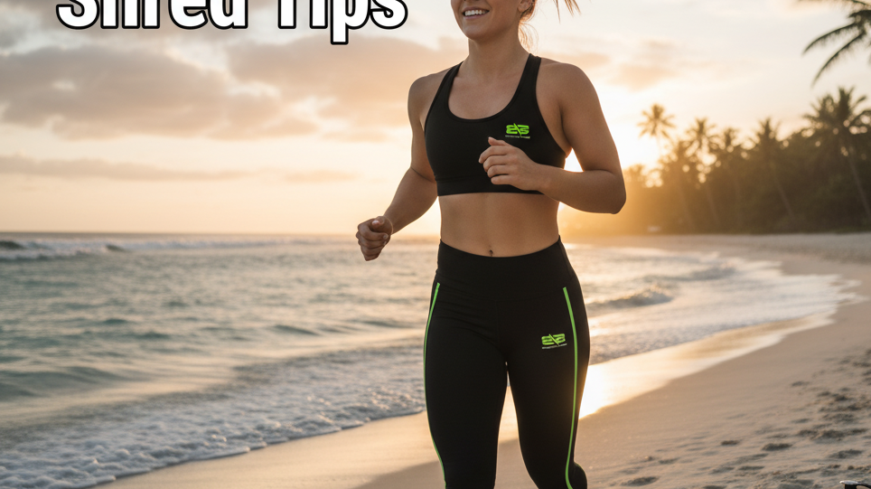 Woman Running on Beach. Text on Image saying "Top 7 Shred Tips".