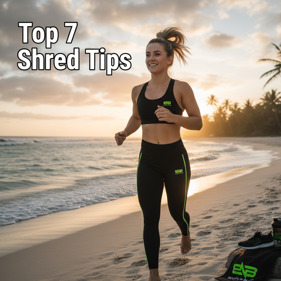 Woman Running on Beach. Text on Image saying "Top 7 Shred Tips".