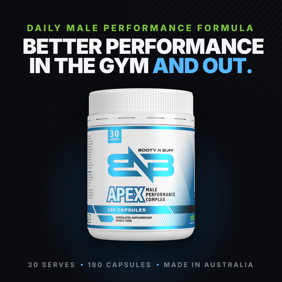 Apex Male Performance Complex bottle, 30 serves, 180 capsules. Better performance in the gym and out.