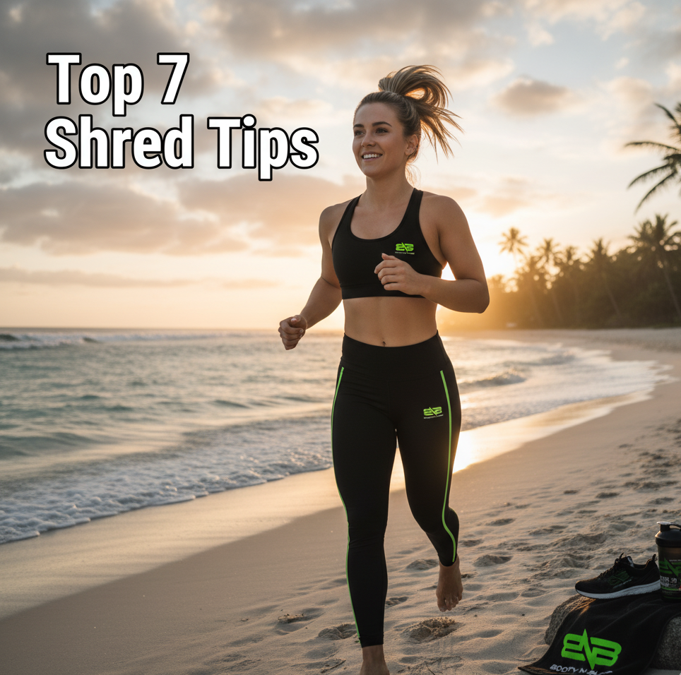 Woman Running on Beach. Text on Image saying "Top 7 Shred Tips".