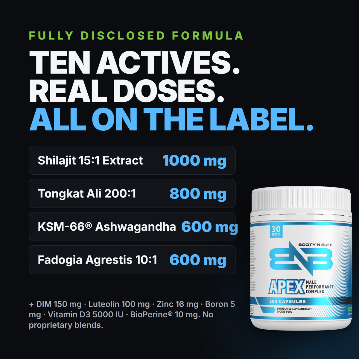 Ten actives at real, label-listed doses.