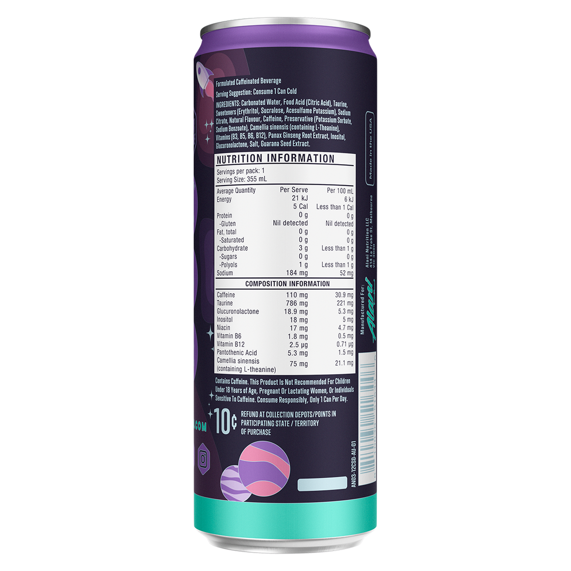 Alani Nu Energy Drink nutrition information panel nutrition panel