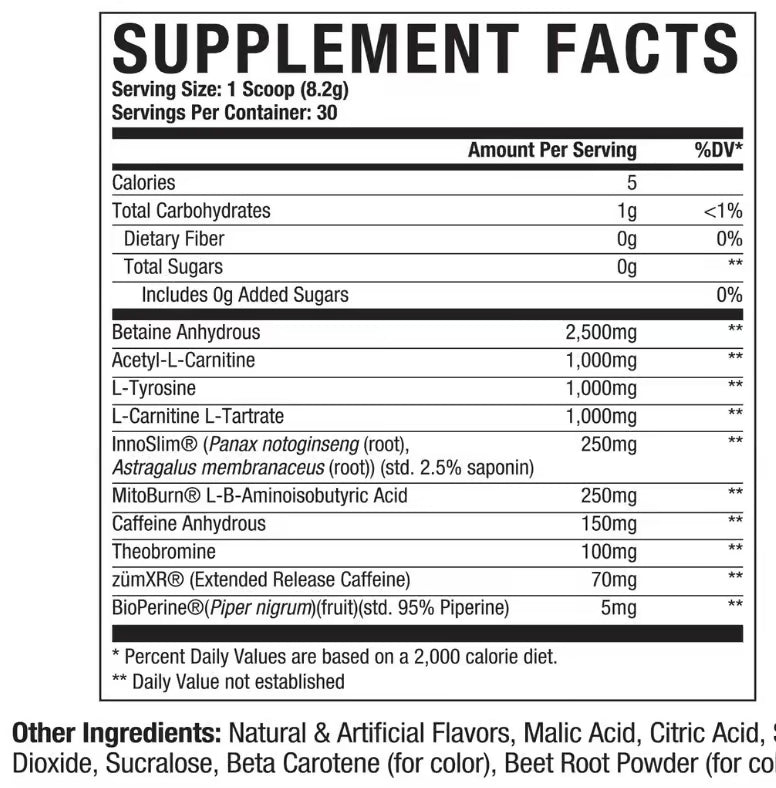Axe & Sledge 212° Thermo nutrition information panel nutrition panel