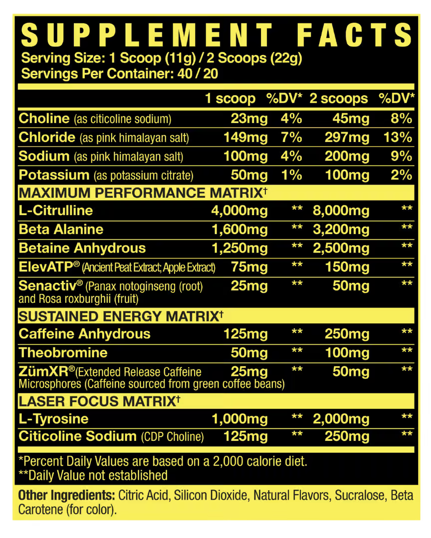 Axe & Sledge Intake nutrition information panel nutrition panel