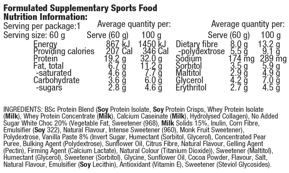 Body Science High Protein Low Carb Bar nutrition information panel nutrition panel