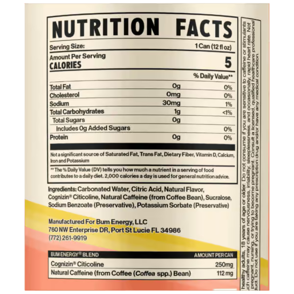 RAW Nutrition BUM Energy RTD nutrition information panel nutrition panel