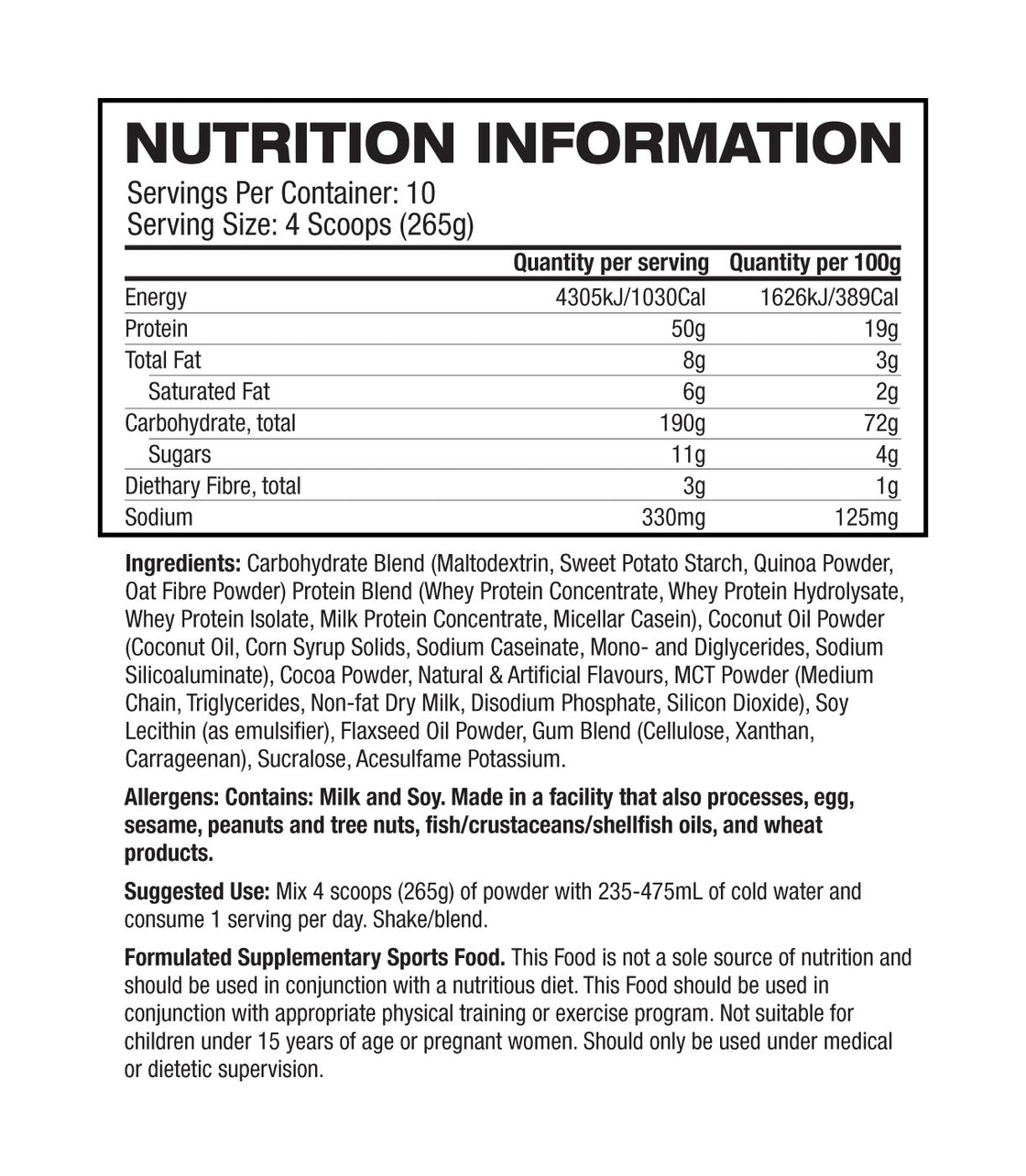 Basic Mass nutrition information panel nutrition panel