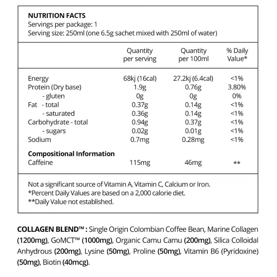 Before You Speak Glow Collagen Coffee nutrition information panel nutrition panel