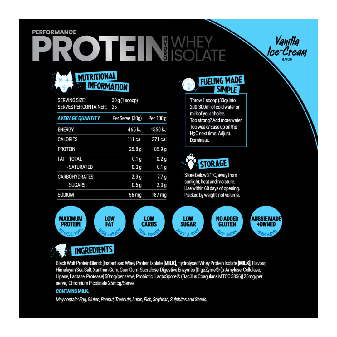 Black Wolf Hydro Whey Isolate nutrition information panel nutrition panel