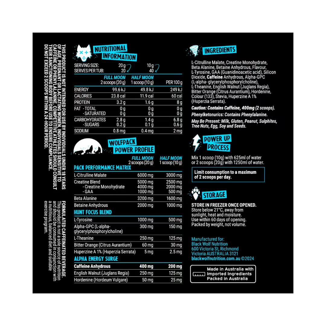 Black Wolf Pre nutrition information panel nutrition panel