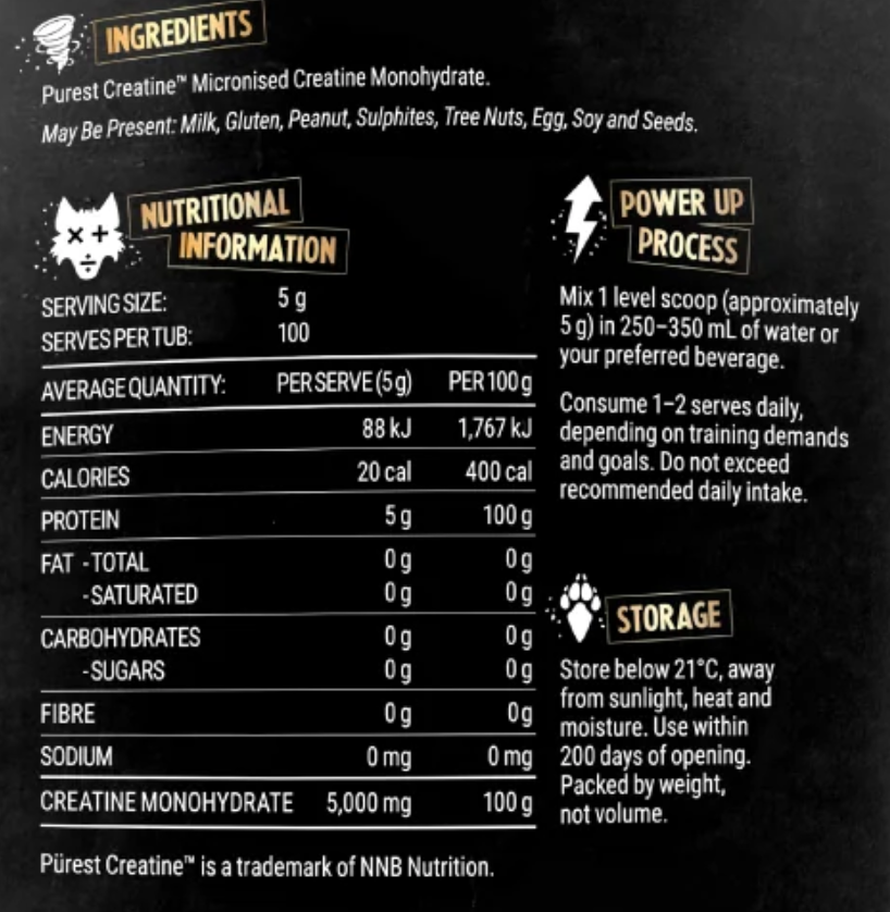 Black Wolf Purest Creatine nutrition information panel nutrition panel