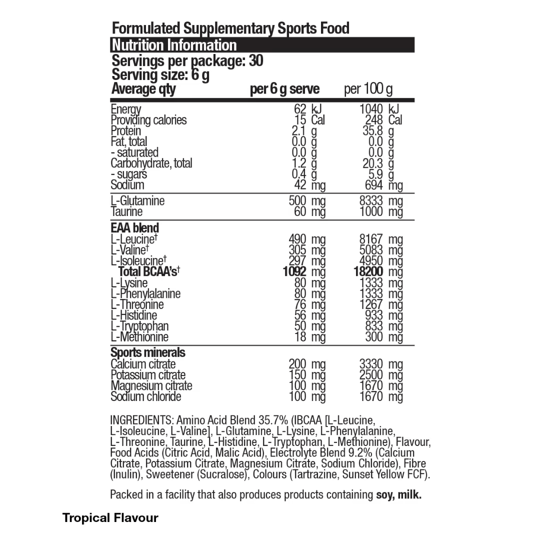 Body Science BSc EAAs + Hydration nutrition information panel nutrition panel