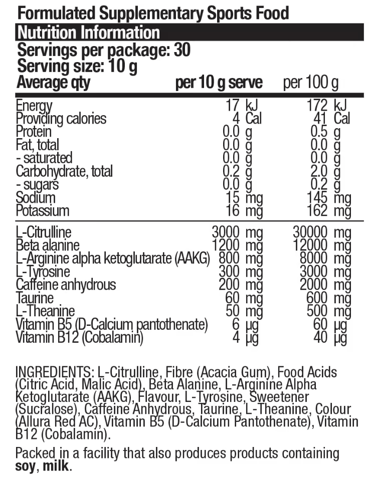 Body Science BSC PRE nutrition information panel nutrition panel