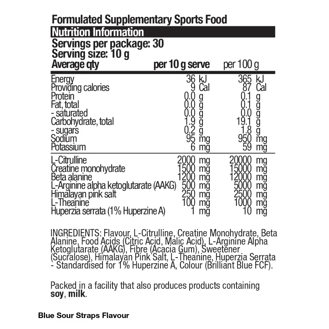Body Science BSC Pump nutrition information panel nutrition panel