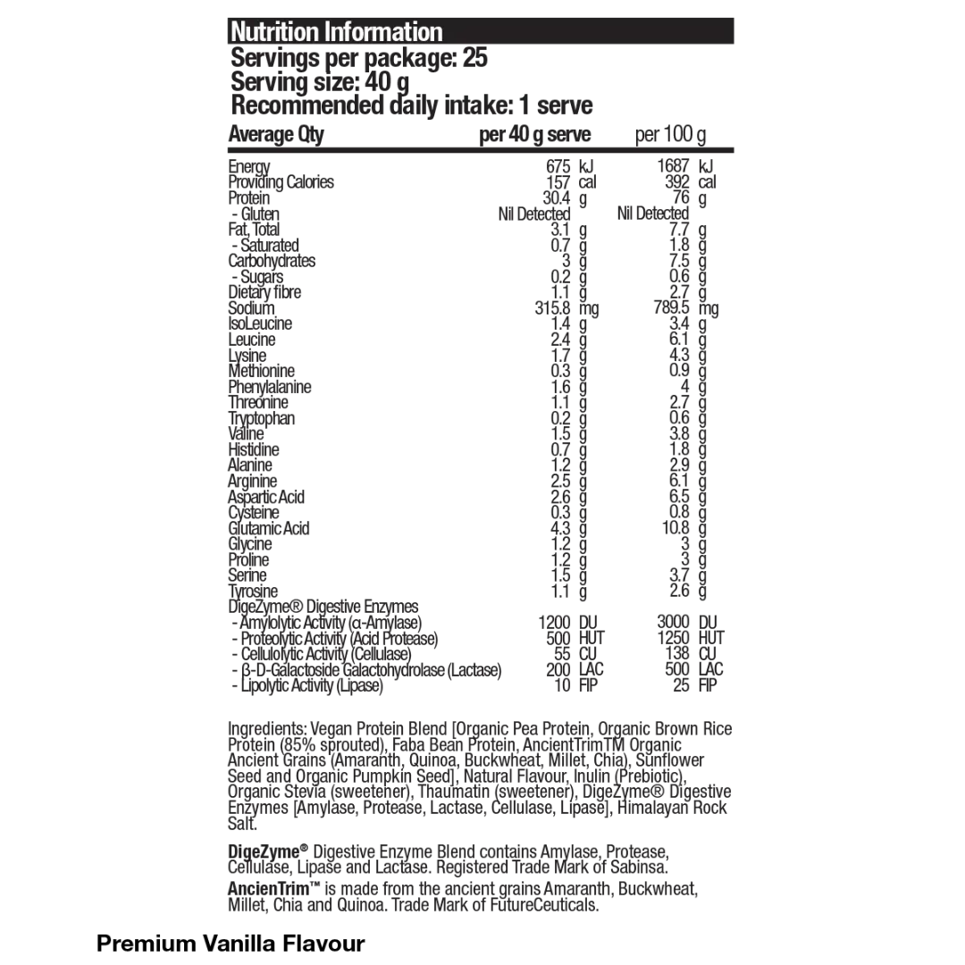 Body Science Clean Plant Protein nutrition information panel nutrition panel