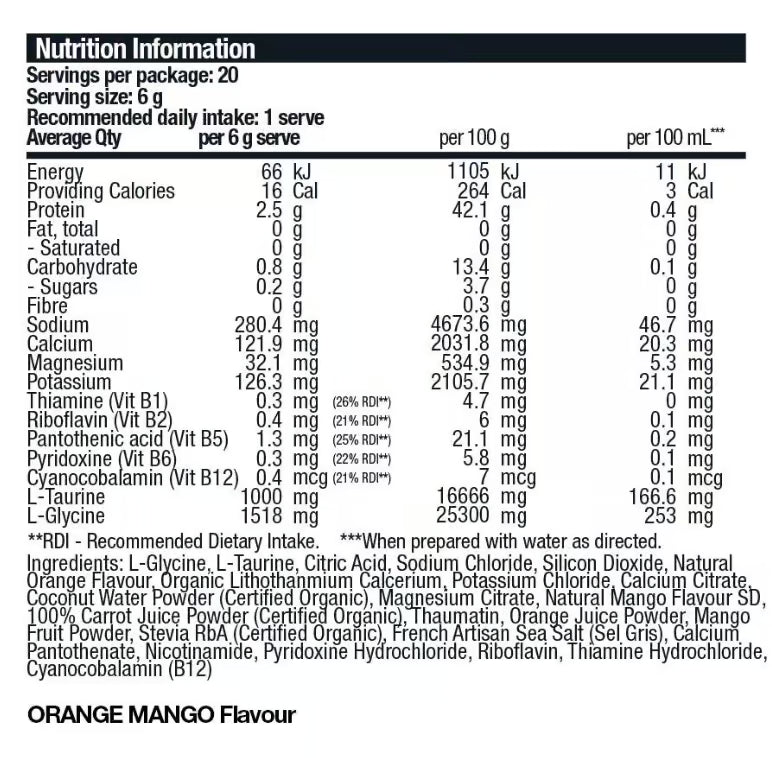 Body Science Electrolyte+ Hydration Mix nutrition information panel nutrition panel