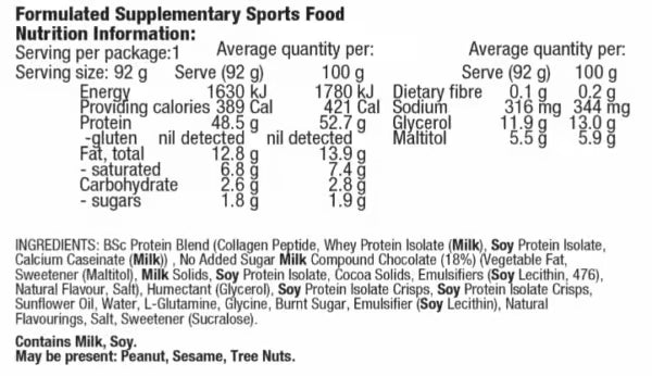 Body Science BSC High Protein Bar nutrition information panel nutrition panel