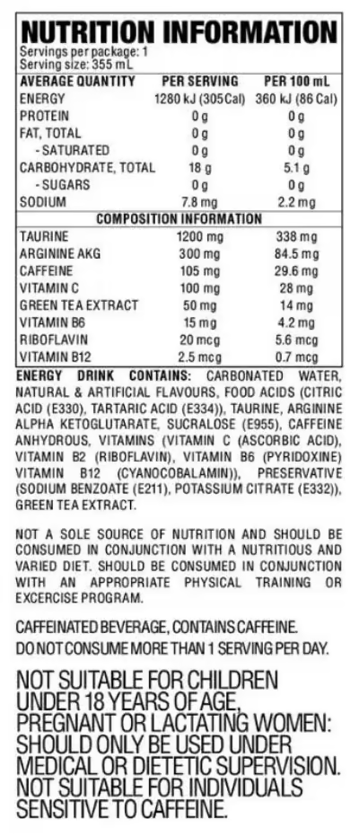 Bucked Up Energy RTD nutrition information panel nutrition panel
