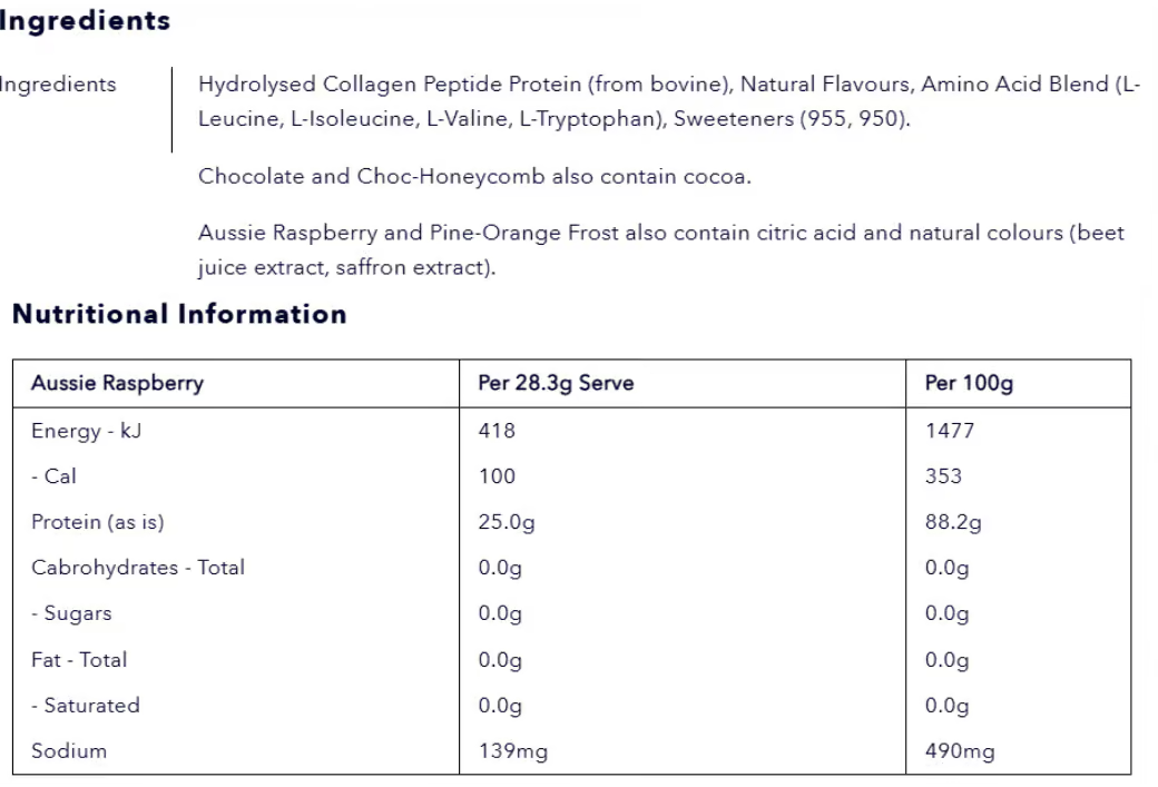 Cyborg Sport Collagen Pro nutrition information panel nutrition panel