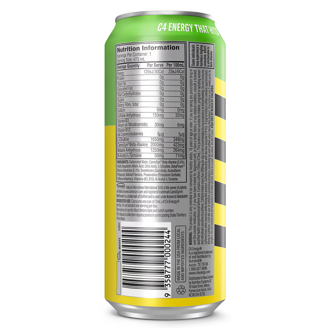 Cellucor C4 Energy RTD nutrition information panel nutrition panel