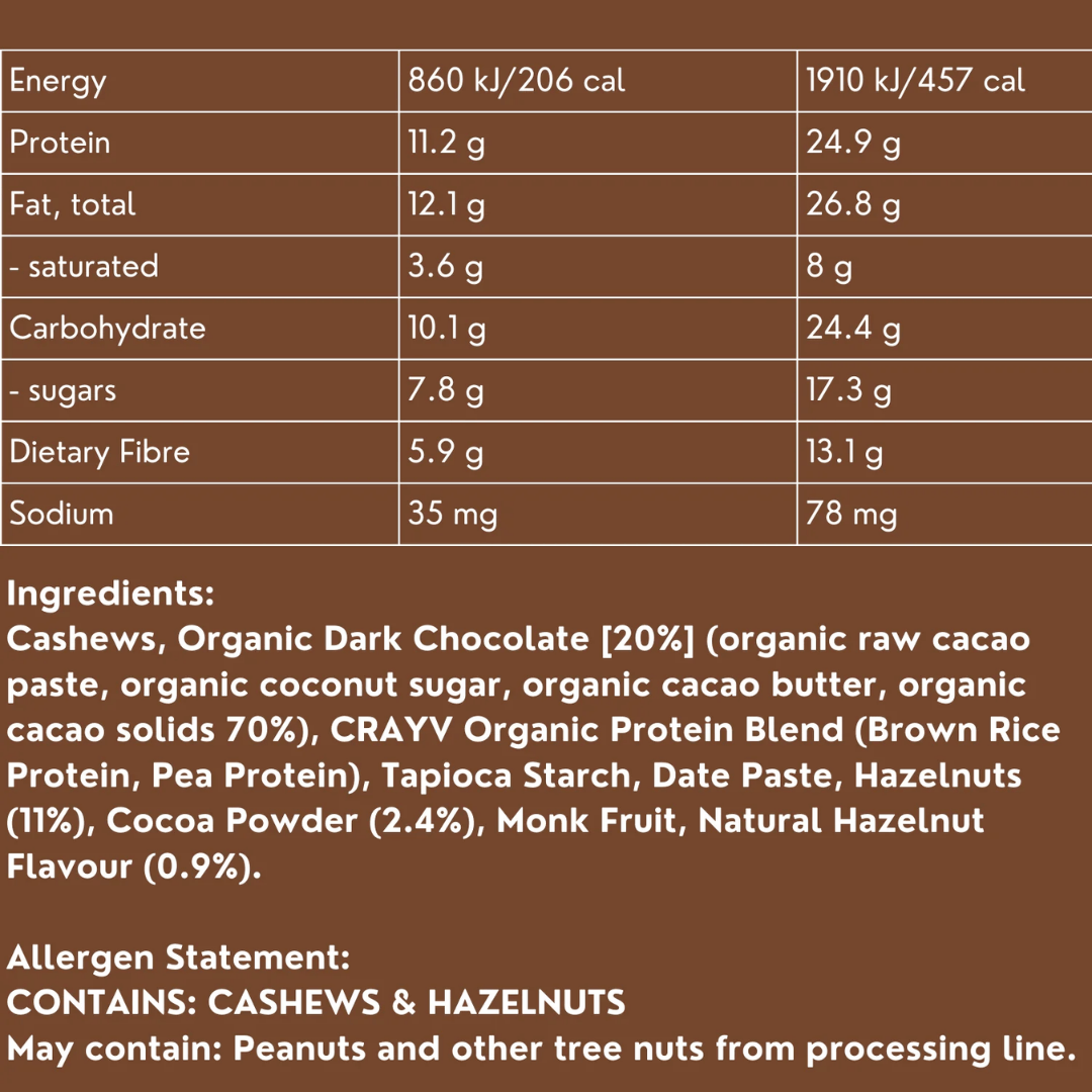 Crayv Protein Energy Bar nutrition information panel nutrition panel
