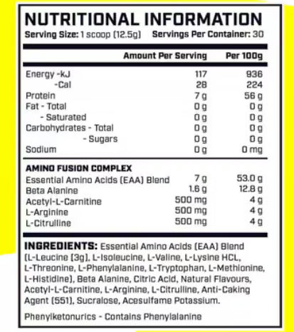 Cyborg Sport Amino Fusion nutrition information panel nutrition panel