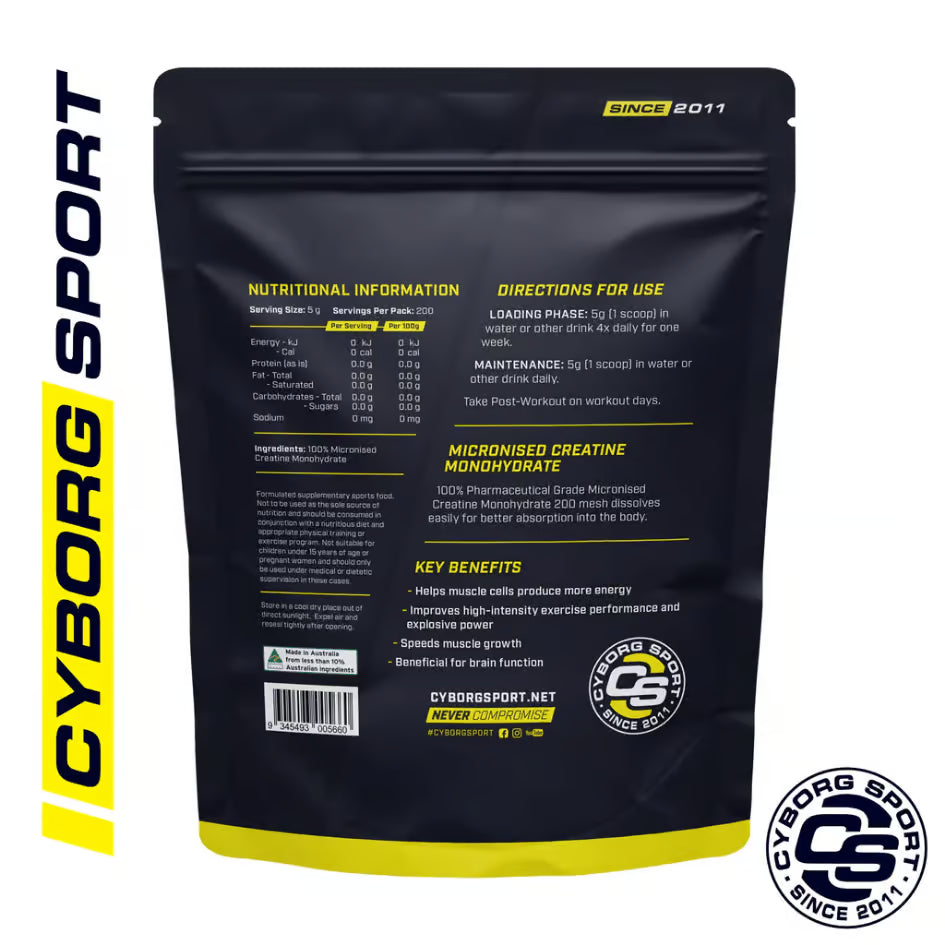 Cyborg Sports Micronised Creatine Monohydrate nutrition information panel nutrition panel