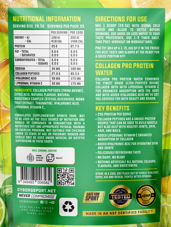 Cyborg Sport Collagen Protein Water nutrition information panel nutrition panel