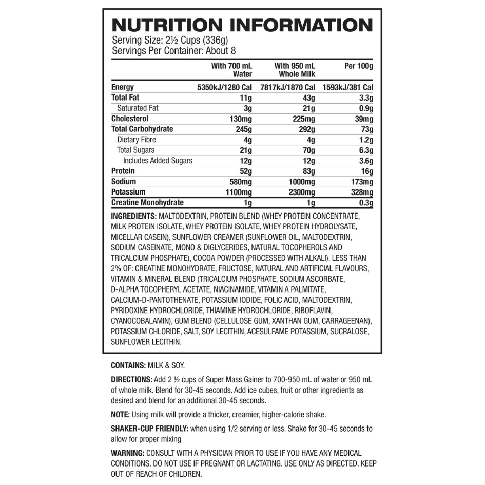Dymatize Super Mass Gainer nutrition information panel nutrition panel
