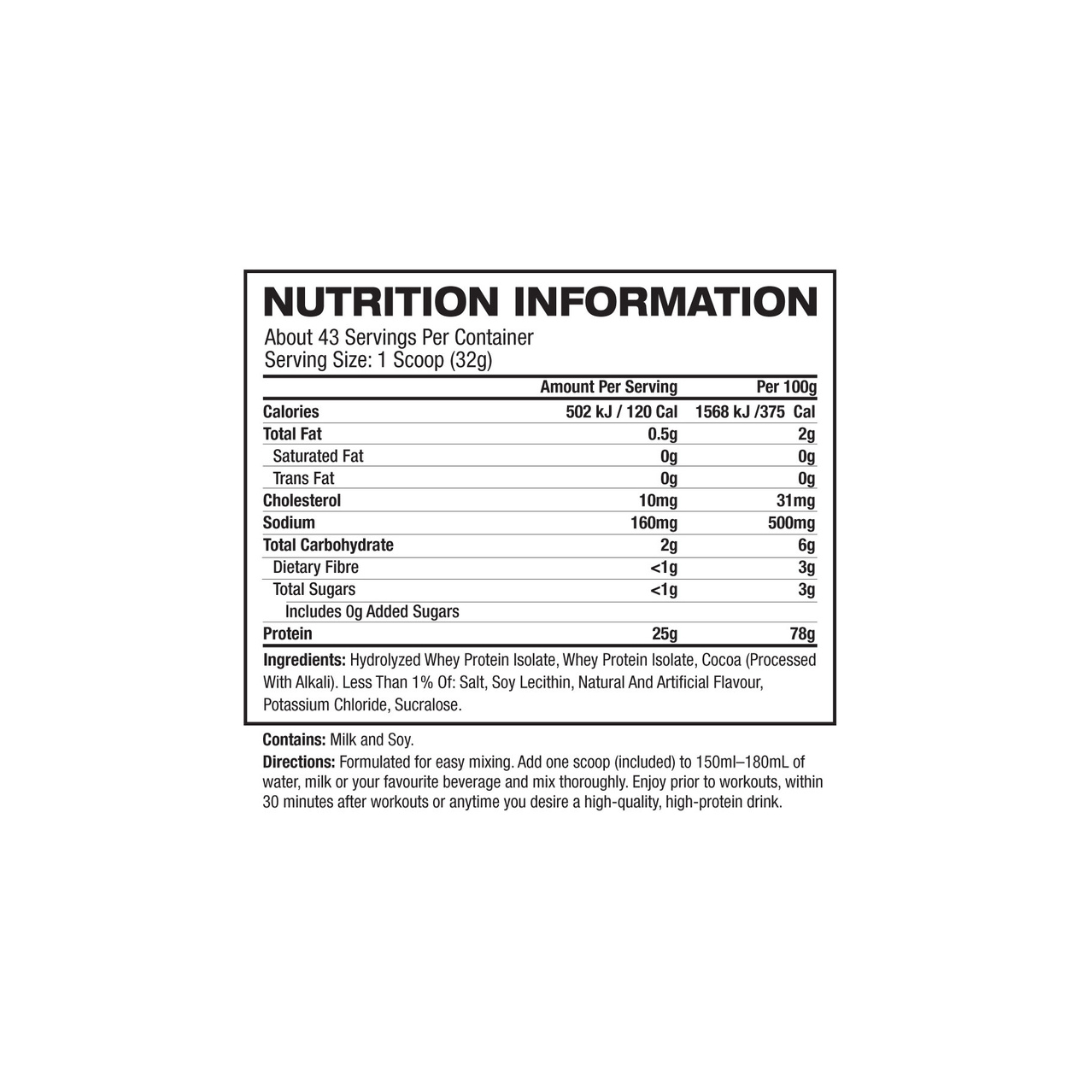 Dymatize ISO100 nutrition information panel: 25 g protein and 120 calories per scoop nutrition panel