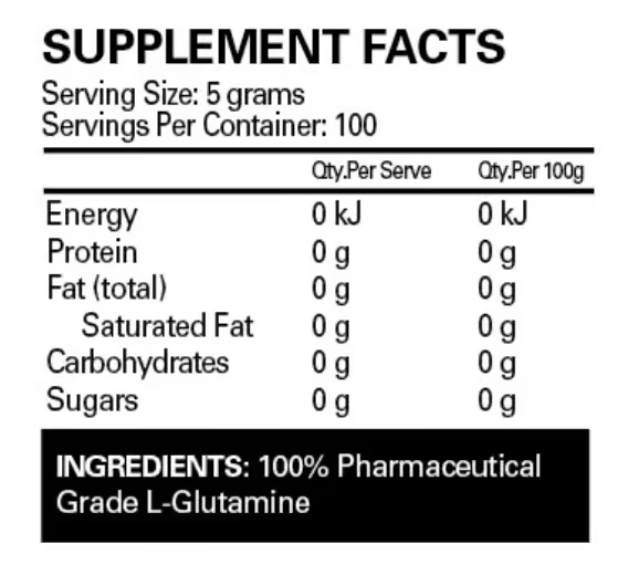 EHP Labs Glutamine nutrition information panel nutrition panel