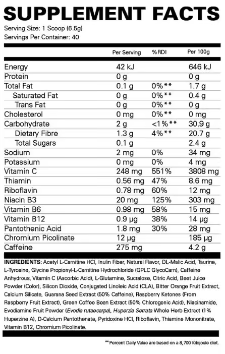 EHP Labs Oxyshred Hardcore nutrition information panel nutrition panel