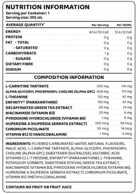 EHP Labs OxyShred Infinity RTD nutrition information panel nutrition panel