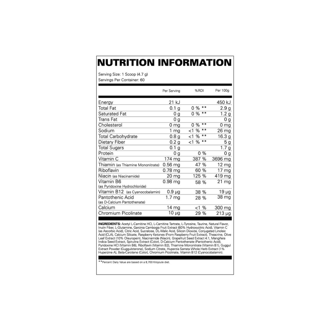EHP Labs Oxyshred Non-Stim nutrition information panel nutrition panel