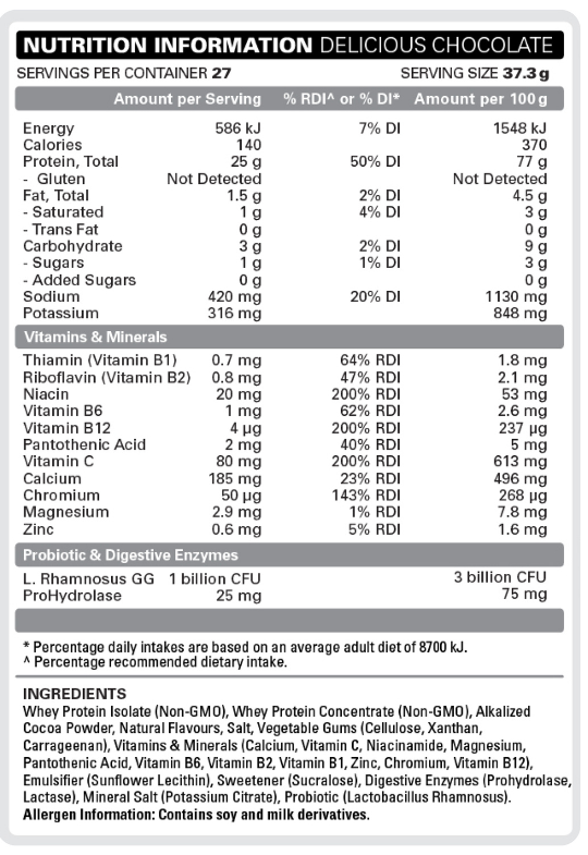EHP Labs OxyWhey Delicious Chocolate nutrition panel, per 37.3 g scoop nutrition panel