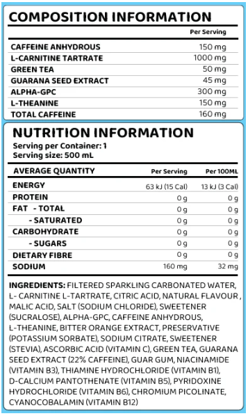 EHP Labs Oxyshred Energy RTD 500ml nutrition information panel nutrition panel