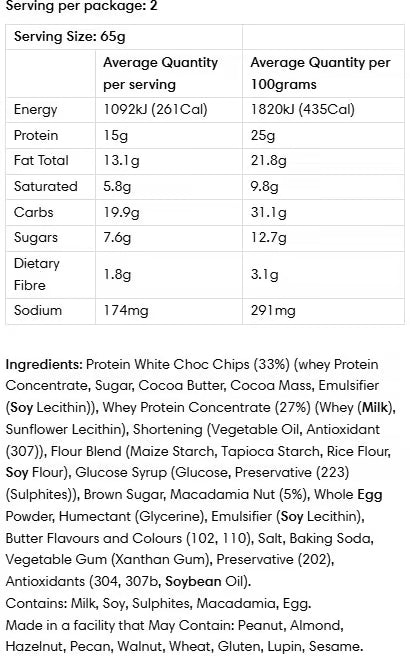 EQ Food The Growth Cookie nutrition panel and ingredients, White Choc Macadamia nutrition panel