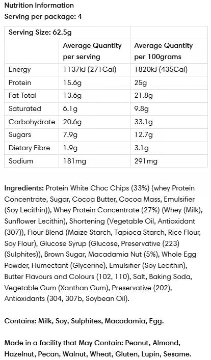 EQ Food XL1000 Cal Protein Cookie nutrition information panel nutrition panel