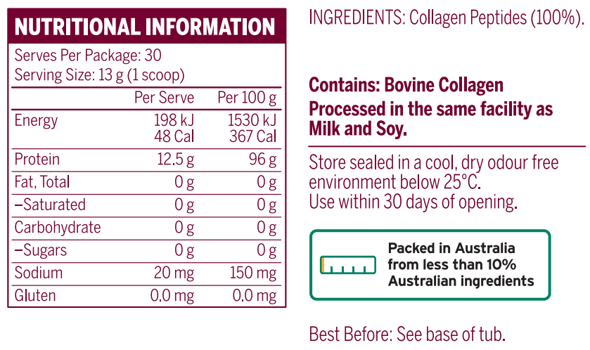Emrald Labs Collagen+ nutrition information panel nutrition panel