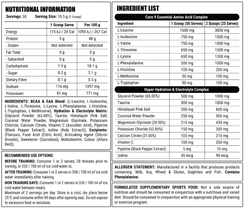 Faction Labs Core 9 EAA + BCAA nutrition information panel nutrition panel
