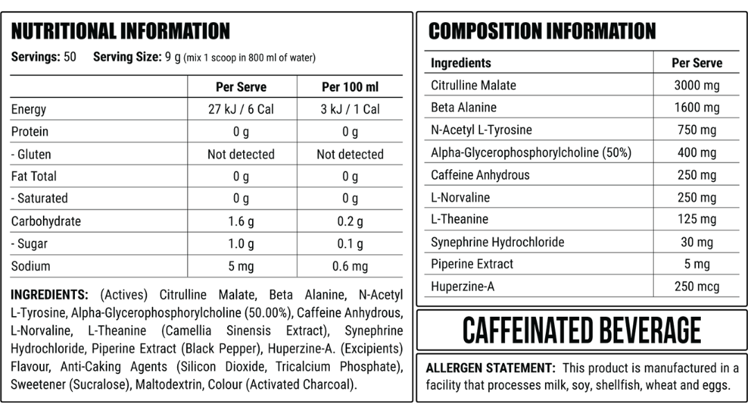 Faction Labs Disorder nutrition information panel nutrition panel