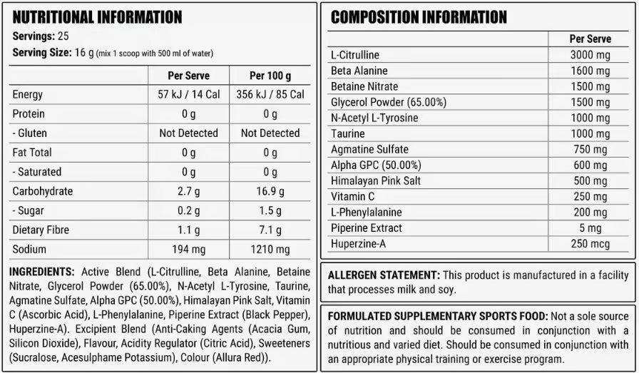 Faction Labs Disorder Pump nutrition information panel nutrition panel