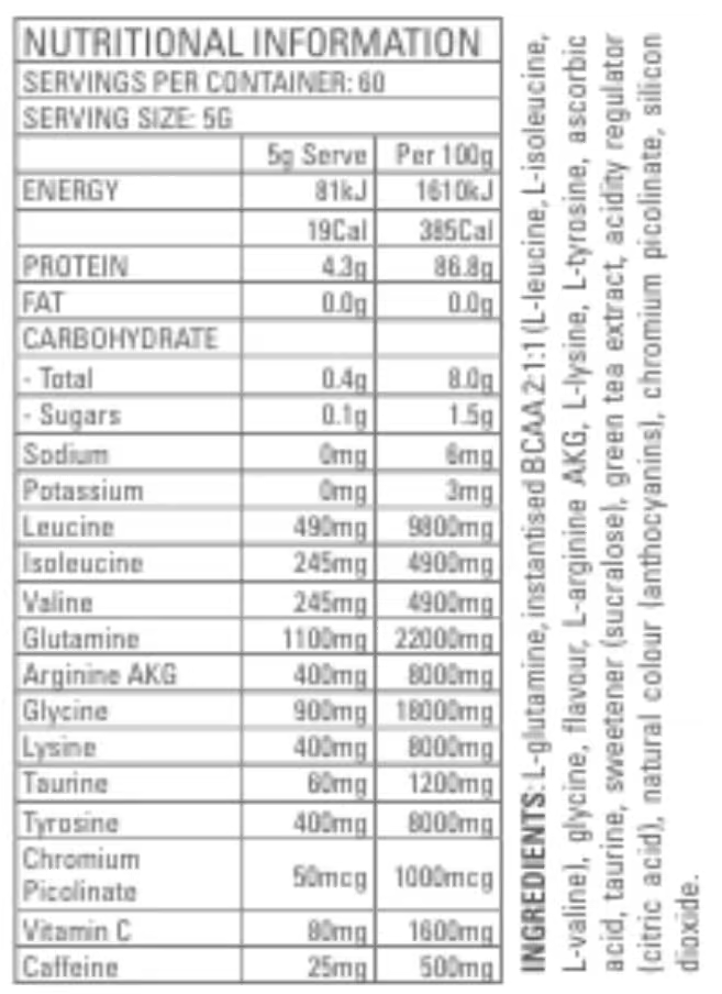 Gen-Tec Amino Lean nutrition information panel nutrition panel