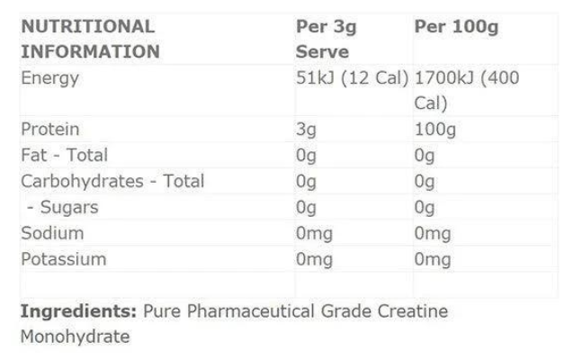 Gen-Tec Creatine Monohydrate nutrition information panel nutrition panel