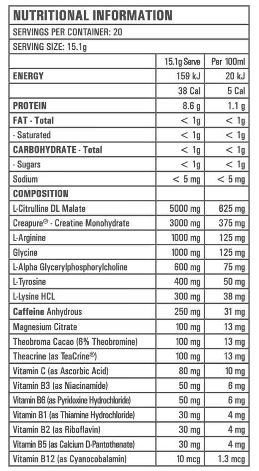 Gen-Tec Psyched 3.3 nutrition information panel nutrition panel
