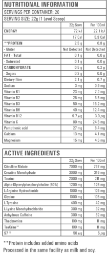 Gen-Tec Psyched 4.0 nutrition information panel nutrition panel