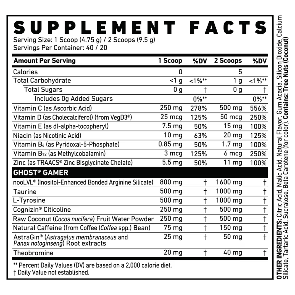 Ghost Gamer nutrition information panel nutrition panel