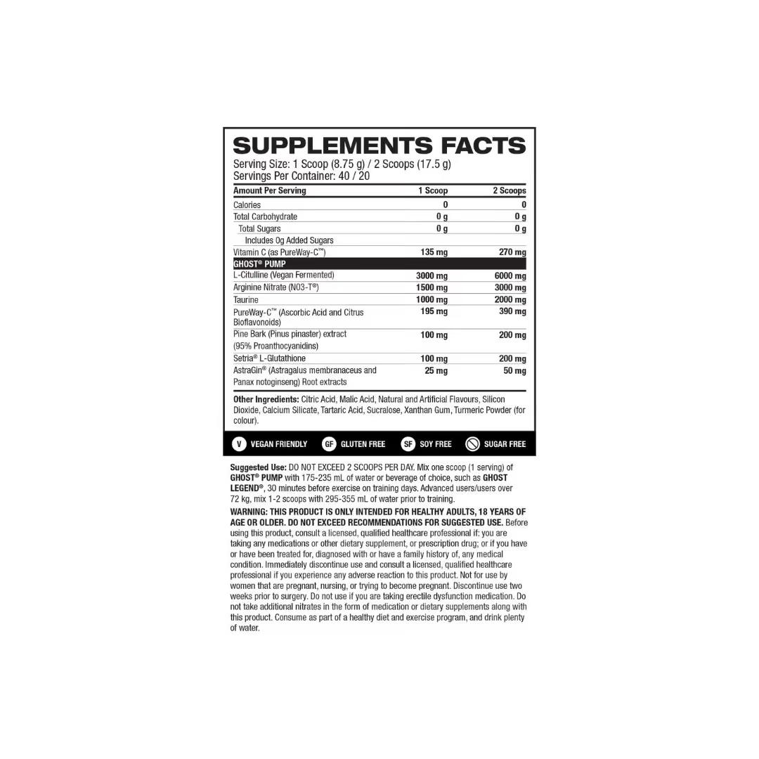 Ghost Pump V2 nutrition information panel nutrition panel
