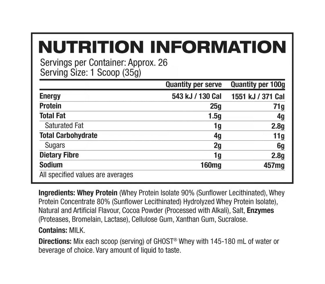 Ghost Whey Protein nutrition information panel nutrition panel